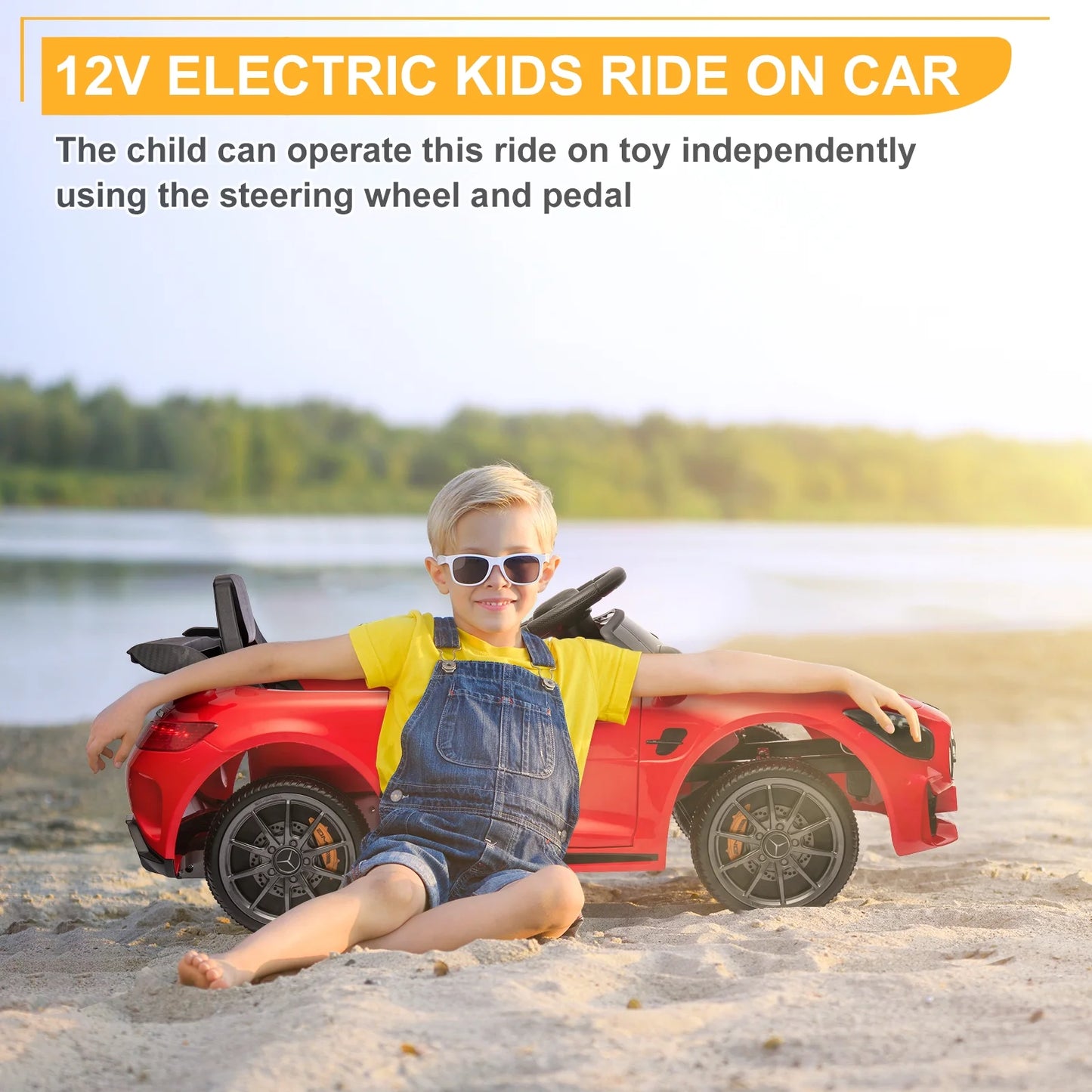 12V Kids Ride on Car, Dual Drive Battery Toy Cars with Remote Control & LED Lights - Red